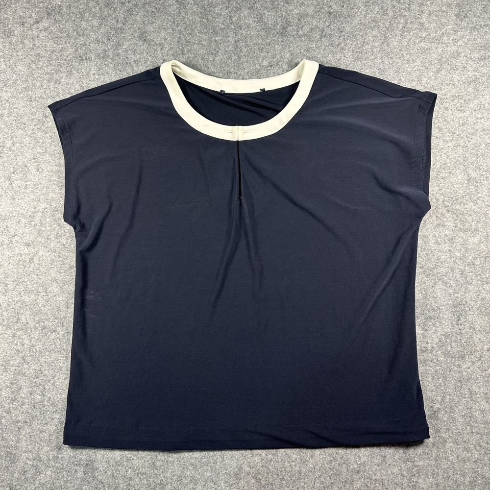 Unbranded Pleated‎ Front Cap Sleeve Blouse Large Navy Blue Contrast Trim
